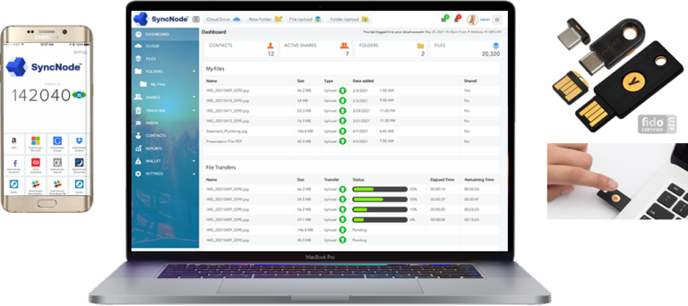 Two factor options: an authenticator app on a phone, the SyncNode dashboard on a laptop, and YubiKey hardware keys