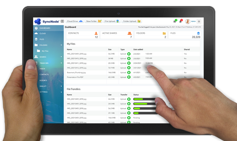 The SyncNode dashboard on a tablet showing files and transfers